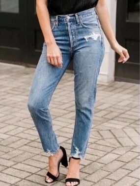 AGOLDE Jamie High Rise Classic Jeans in Grade Distressed Medium Wash Size 24